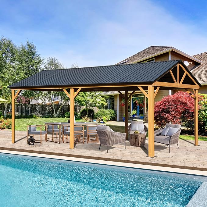 Domi 12' X 20' Hardtop Gazebo with Galvanized Steel Gable Roof and Wood Grain Aluminum Frame, Outdoor Permanent Gazebo Pavilion for Patio, Garden, Deck, Backyard