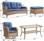 Outdoor Wicker Patio Furniture Set - 6 Piece Rattan Patio Conversation Set with 2 Rocking Swivel Chairs,2 Ottomans,1 Sofa and 1 Coffee Table for Porch Deck Backyard Garden(Yellow/Blue)