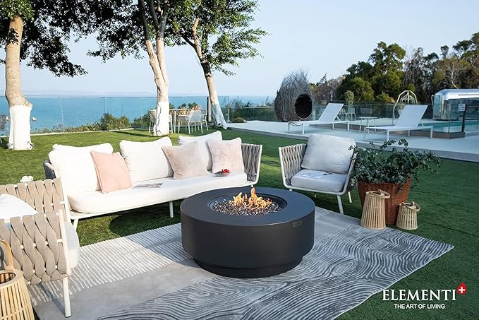 AMS Fireplace | Elementi Plus | Nimes | Round Dark Gray Concrete Propane Gas Fire Table Pit (Liquid Propane)