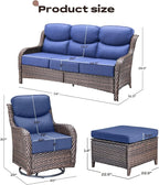 Rilyson Wicker Outdoor Patio Furniture Set - 7 Piece Patio Conversation Sets with Swivel Rocker Chairs, Ottomans and Sofa, 6 inch Cushions, Waterproof Wicker, for Porch Deck Brown/Blue