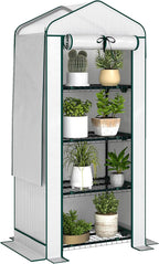 Outsunny 4 Tier Mini Greenhouse with Screen Roof, 27.6" x 19.7" x 62.2", Portable Small Greenhouse with High Strength PE Cover, Roll-Up Zipper Door for Garden Yard Backyard, White