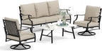 HERA'S HOUSE 4 Piece Patio Furniture Set, 2 x Swivel Cushioned Chair, 3-Seat Sofa with Marbling Coffee Table, All Weather Outdoor Conversation Set for Lawn Garden Backyard