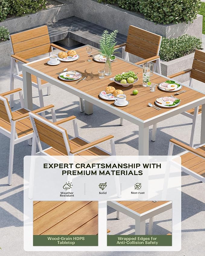Outdoor Dining Set for 6, Patio Table and Chairs Set, Aluminum Patio Furniture Set with Umbrella Hole, HDPS Patio Dining Table Set for 6 (White-Teak)