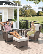 LayinSun 5 Piece Wicker Outdoor Furniture Set with 6-inch Comfy Cushions, High Back Patio Furniture Set with Swivel Rocking Chairs and Fire Pit Table