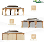 14' X 20' Hardtop Gazebo Outdoor Aluminum Patio Gazebo Double Roof Galvanized Steel Canopy Wooden Finish Coated with Netting and Curtains for Garden, Backyard,Deck and Lawns
