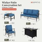 Patio Furniture Set, 6 Pcs Metal Outdoor Conversation Set, 2 Single Chairs, 2 Ottomans and 3 Seater Sofa with 5.75" Extra Thick Cushion and Gas Fire Pit Table, Gemstone Blue