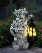 Solar Highland Cow Garden Decor - Resin Cow Statue with Solar Lantern Outdoor Yard Patio Decor - Ideal Gifts for Women,Mom Men (Grey)