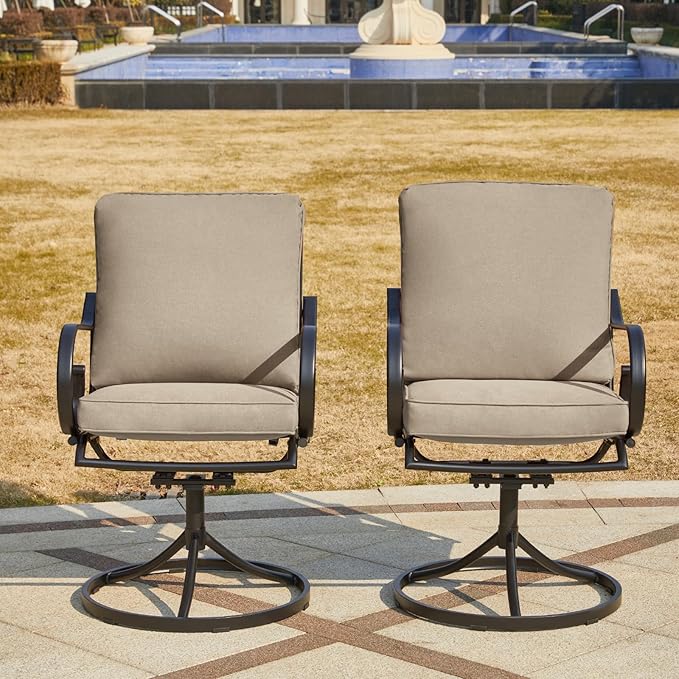 MELLCOM Patio Swivel Chair Set of 2, Heavy Duty Outdoor Dining Chairs with Thickened Cushions, Metal Patio Chairs Gentle Rocker for Outside, Khaki