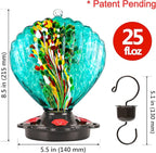 LUJII Seashell Shaped Hand Blown Glass Hummingbird Feeder for Outdoors Hanging, Rust Proof & Leak Proof, 25 fl.oz, Unique Gardening Gift for Women, Garden & Backyard Decor, Teal