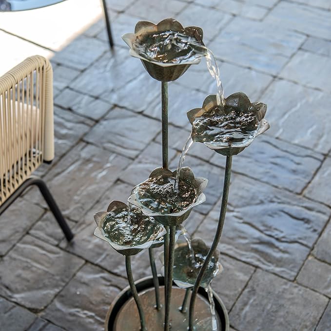 XBrand Metal Sculptural Multi-Tiered Flower Water Fountain, Bronze, 46" Tall