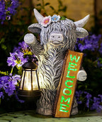 Nacome Highland Cow Garden Statue for Decor: Outdoor Sculpture with Solar Lantern and Welcome Sign for Outside Ornament Yard Art Lawn Porch Patio Balcony - Birthday Gifts for Women Mom(Gray)