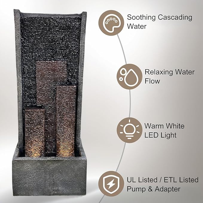39.37" H Modern Water Fountain with Lights & Pump, Indoor/Outdoor Cascading Resin Waterfall Standing Fountain for Garden, Patio, Yard, Christmas Decor