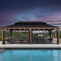 PURPLE LEAF 14' X 24' Outdoor Hardtop Gazebo for Patio Galvanized Steel Double Roof Permanent Canopy Teak Finish Coated Aluminum Frame Pavilion Gazebo with Netting and String Lights