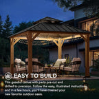 SUNJOY 11 x 11 ft. Wood Gazebo, Upgrade Outdoor Patio Cedar Framed Steel Hardtop Gazebo with 2-Tier Metal Roof, Suitable for Patios, Lawn and Backyard, Dark Brown Roof + Dark Wood Frame