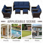 7 PCS Wicker Patio Conversation Set, All-Weather Use Outdoor 2 PE Rattan Swivel Chair, 2 PE Rattan Chair, 2 Ottoman, 1 Patio Sofa, Removable Water-Resistant Cushion, Blue