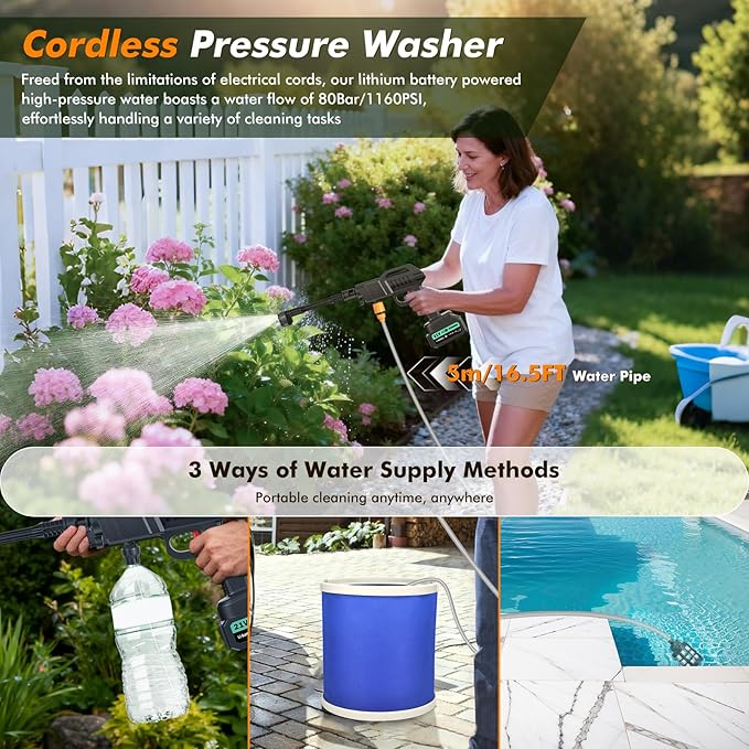 Cordless Pressure Washer Battery Powered, 80Bar/1160PSI Cordless Power Washer with 3.0Ah Battery&Charger&6-in-1 Nozzle, Handheld Pressure Washer Cleaner Portable Power Washer Kit for Car/Garden/Home