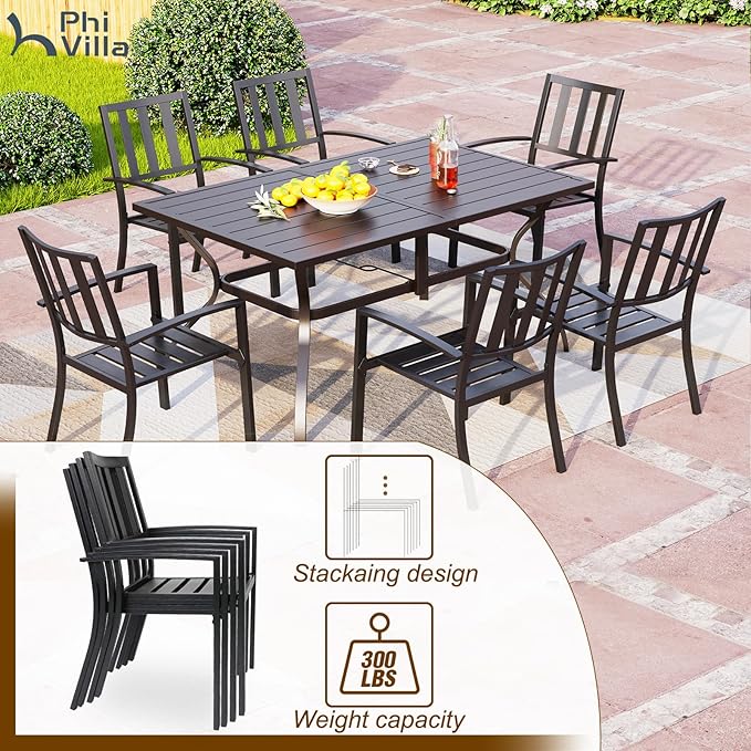PHI VILLA 7 Piece Patio Dining Set with Umbrella, 60” Rectangular Metal Dining Table & 6 Stackable Metal Chairs & 13ft Large Navy Umbrella for Outdoor, Deck, Yard, Porch