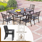 PHI VILLA 7 Piece Patio Dining Set with Umbrella, 60” Rectangular Metal Dining Table & 6 Stackable Metal Chairs & 13ft Large Red Umbrella for Outdoor, Deck, Yard, Porch