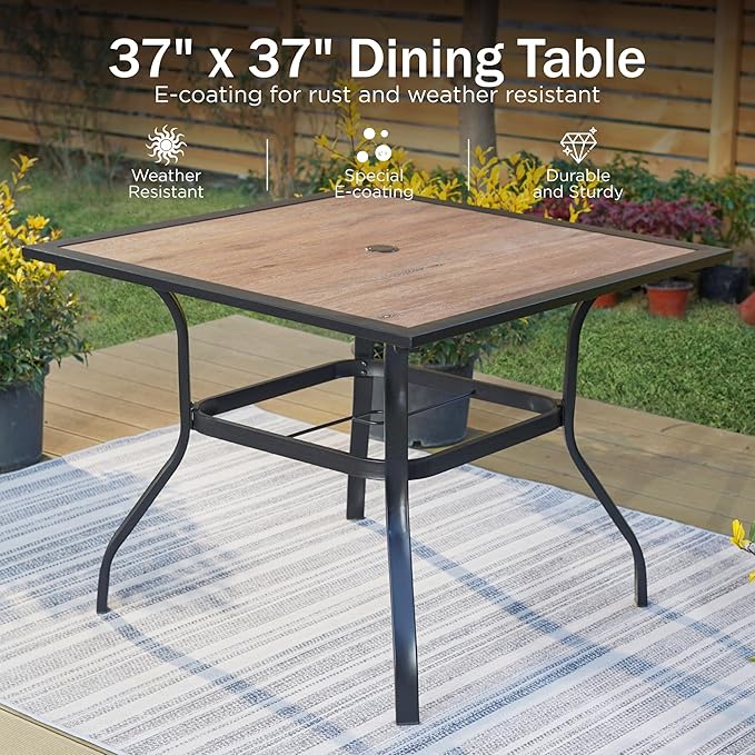 PHI VILLA Outdoor Conversation Set of 5 Piece Patio Furniture Dining Set for 4 Metal Chair Dining Table Set Modern Patio Wood-Like Table with Umbrella Hole for Outdoor Garden,Patio,Yard,Bistro