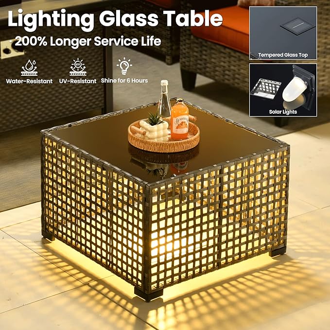 ovios 10 Pieces Patio Furniture Set with Swivel Chairs Rocking Gliders, 54" Fire Pit Table, Outdoor Sofa Couch with Solar Lights Table, Modern Deep Seat Wicker Rattan Conversation Set, Orange Red