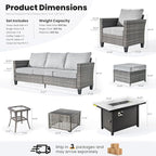 ovios 7 Pieces Patio Furniture Set with 42" Fire Pit Table, Outdoor Sofa Couch with Solar Lights Table Comfy Cushions, Modern Deep Seat Wicker Rattan Conversation Set, Grey