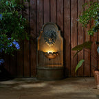 Glitzhome Tiered Wall Mounted Outdoor Water Fountain With LED Light - Vintage European Style 3-Tier Oversized Lion Head Waterfall - Faux Granite for Garden, Patio, Deck, Porch, 31.75"H