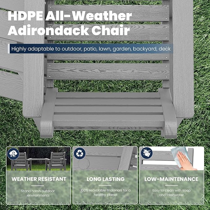 Tall Adirondack Chairs Set of 2, All Weather HDPE Poly Bar Height Balcony Adirondack Chair with Removable Double Connecting Trays, Outdoor Adirondack Barstools for Deck, Patio, Yard, Pool, Lawn