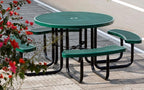 8-Person Picnic Tables for Outdoors, Industrial 46" Expanded Metal Round Picnic Table with 4 Benches & Umbrella Hole, Outside Table and Bench Set for Park, Garden, Backyard, Patio, Green