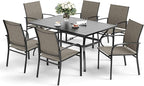7 Piece Patio Dining Set for 6, Rectangular Metal Table with Umbrella Hole, 6 Brown Dining Chairs, Outdoor Table and Chairs Set for Lawn Backyard and Deck