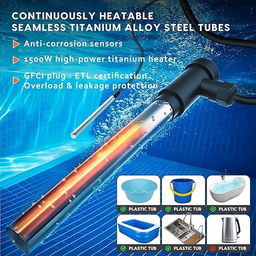 1500W Titanium Fully Submersible Portable Electric Immersion Large Pool & Hot Tub Water Heater with LCD Thermostat & GFCI Leakage Protection, Ideal for Baptistry, Bathtub, Bucket, Swimming Pool (GO)