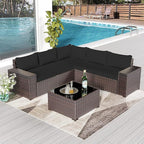 Outdoor Patio Furniture Set, 6 PCS Outdoor Furniture All Weather Patio Sectional Sofa PE Wicker Modular Conversation Sets with Coffee Table,5 Chairs & Seat Clips Black