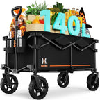 Navatiee 140L Collapsible Folding Wagon, Large Capacity Foldable Wagon with Silent All-Terrain Wheels, Utility Grocery Cart for Camping Shopping Outdoor, Black