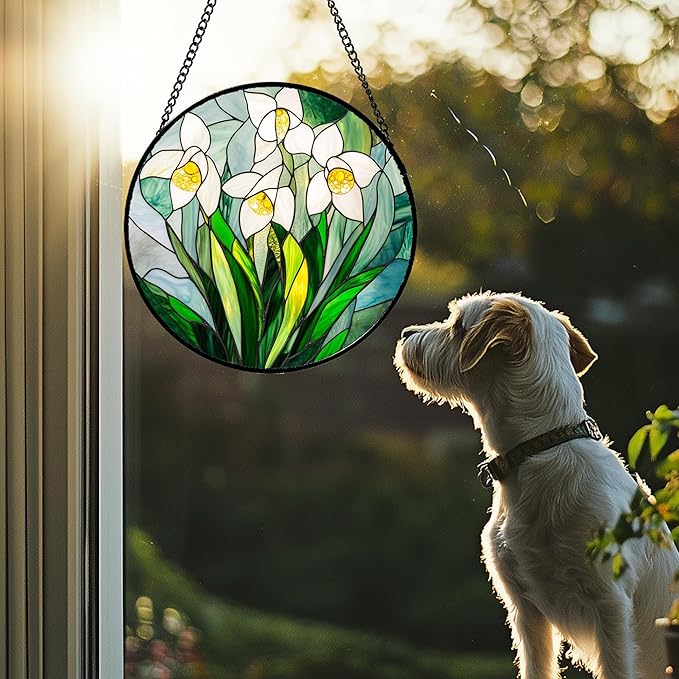 Stained Glass Window Hanging - White Snow Lotus Birth Flower Suncatcher for Doors Garden Patio Sun Catchers Decor Christmas Mother's Day Birthday Gifts for Women Men Mom Nana Friend 11.8 in