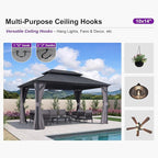 PURPLE LEAF 10'x14' Hardtop Gazebo with Lights Wind-Resistant Galvanized Steel Dual-Layer Double Roof Outdoor Patio Pavilion Including Netting and Privacy Curtains for Lawn Garden Backyard Grey