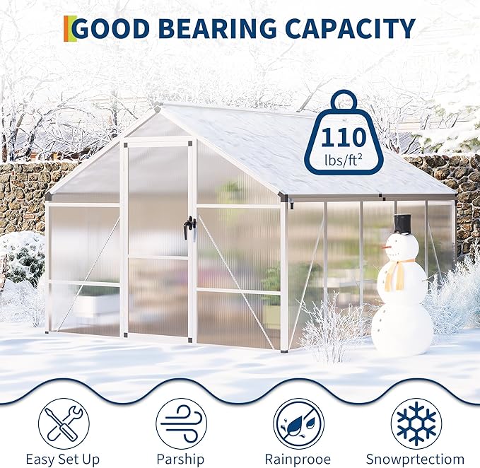 8×10 FT Greenhouse, Large Walk in Greenhouses for Outdoors and Garden Planting, Polycarbonate Greenhouse with Enhanced Aluminum Frame, Green Houses with Quick Setup Structure and Roof Vent, Silver