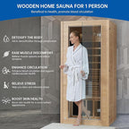 Infrared Sauna Room for Home, Near Zero EMF Wooden 1 Person Indoor Home Sauna with Bluetooth, LCD Control Panel, Chromo Therapy Light