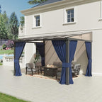 10’ x 12’ Gazebo for Patio,Wall Mounted Gazebo with Sloping Polycarbonate Roof,Aluminum Frame Outdoor pelgole w/Netting & Curtain for Garden,Deck,Backyard,NavyBlue