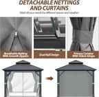 10 X 10ft Hardtop Gazebo, Galvanized Steel Double Roof Gazebo with Nettings and Curtain Outdoor Aluminum Frame Vertical Stripes Roof Permanent for Patio, Backyard, Lawns