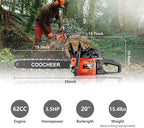 COOCHEER 62cc Gas Chainsaw 2-Cycle Cordless Chainsaw 20 Inch Handheld Chain Saw with 2 Chains & Carrying Bag for Cutting Wood Tree Trimming Farm Garden