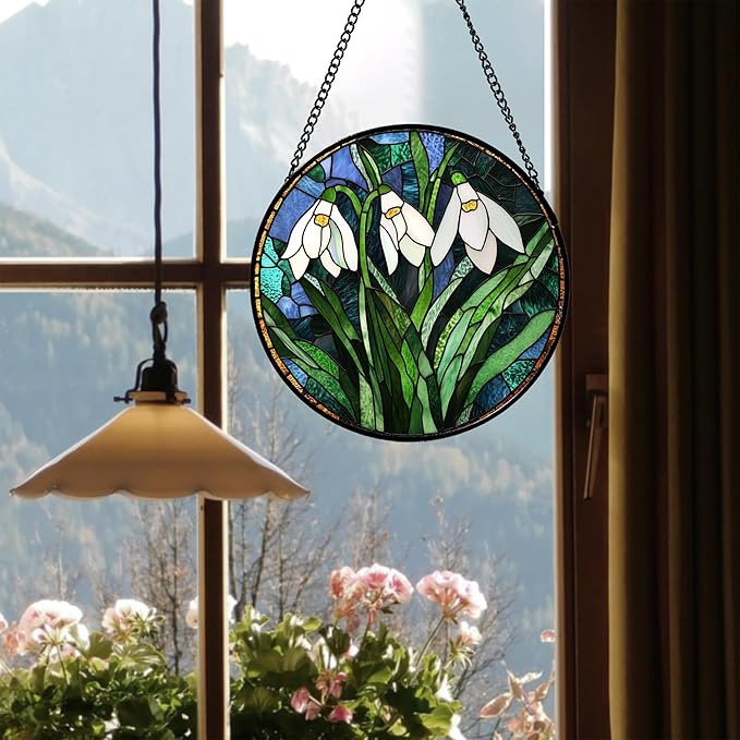 Stained Glass Window Hanging - Green Plants Birth Flowers Suncatcher for Doors Garden Patio Sun Catchers Decor Christmas Mother's Day Birthday Gifts for Women Men Mom Nana Friend 9.8 in