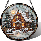 Stained Glass Window Hanging - Christmas Tree Cottage Sun Catcher for Door Garden Home Winter Decor Snowy Night Suncatcher Mother's Day Birthday Gifts for Women Men Mom Nana 9.8 in