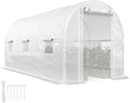Outsunny 14.6'x6.5'x6.6' Hoop House Greenhouse with 2 Support Rods, Zippered Roll-up Mesh Door, Mesh Windows, Walk-in Tunnel Greenhouse with PE Cover, Galvanized Steel Frame, Outdoor Garden, White