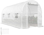 Outsunny 14.6'x6.5'x6.6' Hoop House Greenhouse with 2 Support Rods, Zippered Roll-up Mesh Door, Mesh Windows, Walk-in Tunnel Greenhouse with PE Cover, Galvanized Steel Frame, Outdoor Garden, White