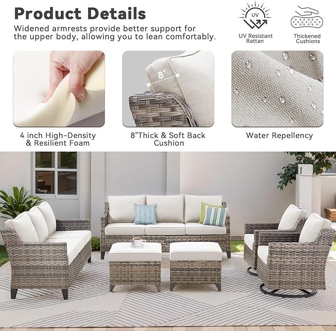 Patio Furniture Set, 5 Pieces Outdoor Wicker Rattan Sofa Couch with Rattan Chair, Ottomans and Comfy Cushions, All Weather Patio Conversation Sets, Suit for Porch Deck Garden