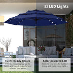 Kingdura 9ft 3-Tier Patio Umbrella with Solar Lights, Table Umbrella Outdoor Patio with Easy Crank & Tilt, 8 Sturdy Ribs, UV Protection, 32 LED Lights for Deck, Poolside, Market (Navy blue)