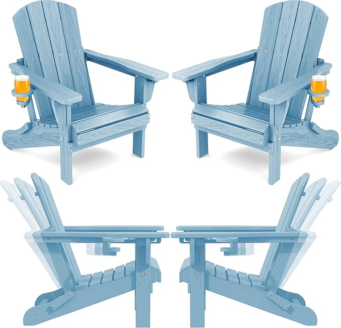 SERWALL Folding Adirondack Chair Set of 4, Adjustable Adirondack Chair with 3 Recline Positions, All Weather HDPE Outdoor Adirondack with Cup Holders, Light Blue