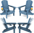 SERWALL Folding Adirondack Chair Set of 4, Adjustable Adirondack Chair with 3 Recline Positions, All Weather HDPE Outdoor Adirondack with Cup Holders, Blue