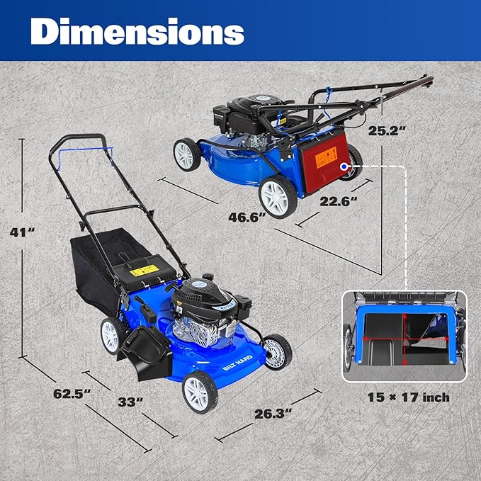 BILT HARD 21 Inch Lawn Mower Gas Powered, 4-Cycle 201cc Engine, 3-in-1 Push Lawnmower with Bagging, Mulching & Side Discharge, Adjustable 8-Positions Cutting Height, Easy Start