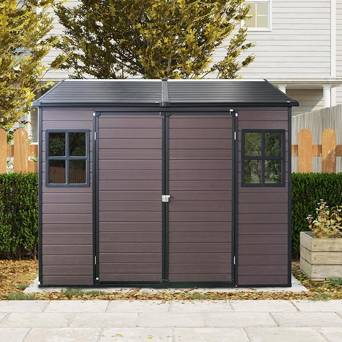 Outdoor Storage Shed with Two-Window and Double-Door, Resin Storage Shed with Lockable Door, Plastic Shed with Floor for Gargen, Patio, Yard, Lawn (Brown, 8 x 6 FT)