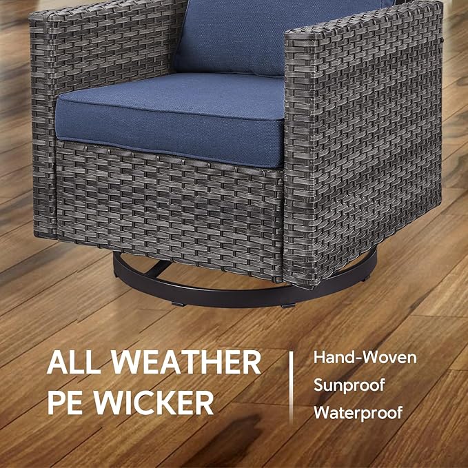 5 Piece Wicker Patio Furniture Set - Outdoor Swivel Rocker Chairs Set with 3 Seat Sofa and Ottomans, Small Patio Conversation Sets Proch Furniture for Balcony Deck - Grey/Blue